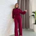 Dik Yaka Büzgü Bel Triko Takım Bordo