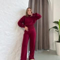 Dik Yaka Büzgü Bel Triko Takım Bordo