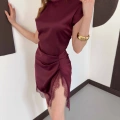 Dik Yaka Dantel Detay Saten Mini Elbise Bordo
