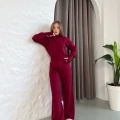 Dik Yaka Parmak Geçmeli Triko Takım Bordo