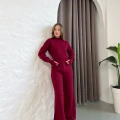 Dik Yaka Parmak Geçmeli Triko Takım Bordo