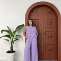 Dikiş Detaylı Sıfır Kol Keten Takım Mor