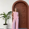 Dikiş Detaylı Sıfır Kol Keten Takım Pembe