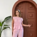 Dikiş Detaylı Sıfır Kol Keten Takım Pembe