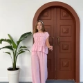 Dikiş Detaylı Sıfır Kol Keten Takım Pembe