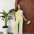 Dikiş Detaylı Sıfır Kol Keten Takım Sarı