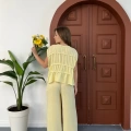 Dikiş Detaylı Sıfır Kol Keten Takım Sarı