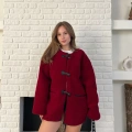 Düğme Detay Teddy Oversize Ceket Bordo