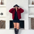 Düğme Detaylı Cepli Peluş Kaban Bordo