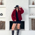 Düğme Detaylı Cepli Peluş Kaban Bordo