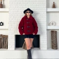Düğme Detaylı Cepli Peluş Kaban Bordo