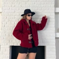 Düğme Detaylı Cepli Peluş Kaban Bordo