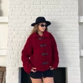 Düğme Detaylı Cepli Peluş Kaban Bordo