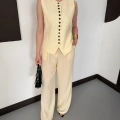 Düğme Detaylı Ham Keten Yelek-Pantolon Takım Sarı