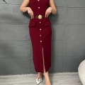 Düğme Detaylı Kemerli Elbise Bordo