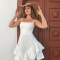Fırfır Detaylı Askılı Elbise Beyaz