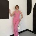 Fitilli Kumaş Sırt Dekolteli Takım Pembe