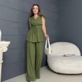 Gofre Kumaş Omuz İp Detaylı Takım Yeşil