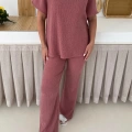 Gofre Kumaş Pantolonlu Takım Gül Kurusu