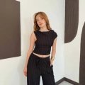 Gofre Kumaş Ters Dikiş Halter Yaka Takım Siyah