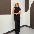 Gofre Kumaş Ters Dikiş Halter Yaka Takım Siyah