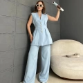 Gold Düğme Double Kumaş Takım Bebe Mavisi