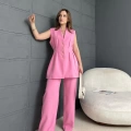 Gold Düğme Double Kumaş Takım Pembe