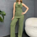 Halter Yaka Gofre Kumaş Takım Haki