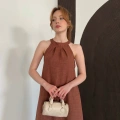 Halter Yaka Ham Keten Elbise Kahve