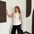 Halter Yaka Sırt Dekolte Fermuarlı Bluz Beyaz