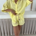 Hasır Kemerli Şortlu Keten Takım Sarı
