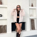 Kapüşonlu Yumoş Desenli Ceket Pudra Pembe