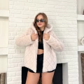 Kapüşonlu Yumoş Desenli Ceket Pudra Pembe