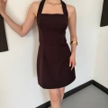 Kare Yaka Boyundan Bağlamalı Mini Çan Elbise Kahve