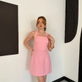 Kare Yaka Boyundan Bağlamalı Mini Çan Elbise Pembe