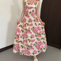 Kare Yaka Kalın Askılı Desenli Midi Elbise Pembe