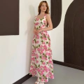 Kare Yaka Kalın Askılı Desenli Midi Elbise Pembe