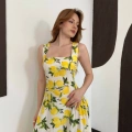 Kare Yaka Kalın Askılı Desenli Midi Elbise Sarı