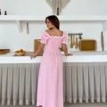 Kare Yaka Ponpon Detay Keten Elbise Pembe