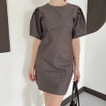 Karpuz Kol Mini Denim Elbise Kahve