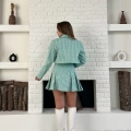 Kaz Ayağı Desen Pliseli Etek Crop Ceket Takım Mint