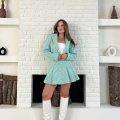 Kaz Ayağı Desen Pliseli Etek Crop Ceket Takım Mint