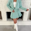 Kaz Ayağı Desen Pliseli Etek Crop Ceket Takım Mint