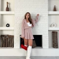 Kaz Ayağı Desen Pliseli Etek Crop Ceket Takım Pembe