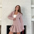 Kaz Ayağı Desen Pliseli Etek Crop Ceket Takım Pembe