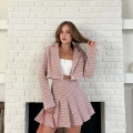 Kaz Ayağı Desen Pliseli Etek Crop Ceket Takım Pembe