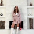 Kaz Ayağı Desen Pliseli Etek Crop Ceket Takım Pembe