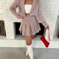 Kaz Ayağı Desen Pliseli Etek Crop Ceket Takım Pembe