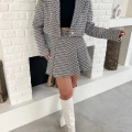 Kaz Ayağı Desen Pliseli Etek Crop Ceket Takım Siyah
