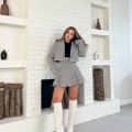 Kaz Ayağı Desen Pliseli Etek Crop Ceket Takım Siyah